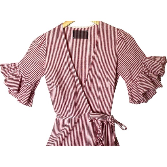 Reformation XS Kelsey Dress Red & White Linen Stripes Ruffles Mini Wrap Dress - Picture 4 of 10